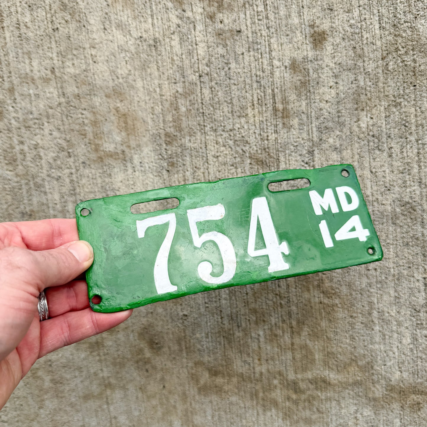1914 Maryland Porcelain Motorcycle License Plate Auto Tag Low Number Three Digit Type 1 754