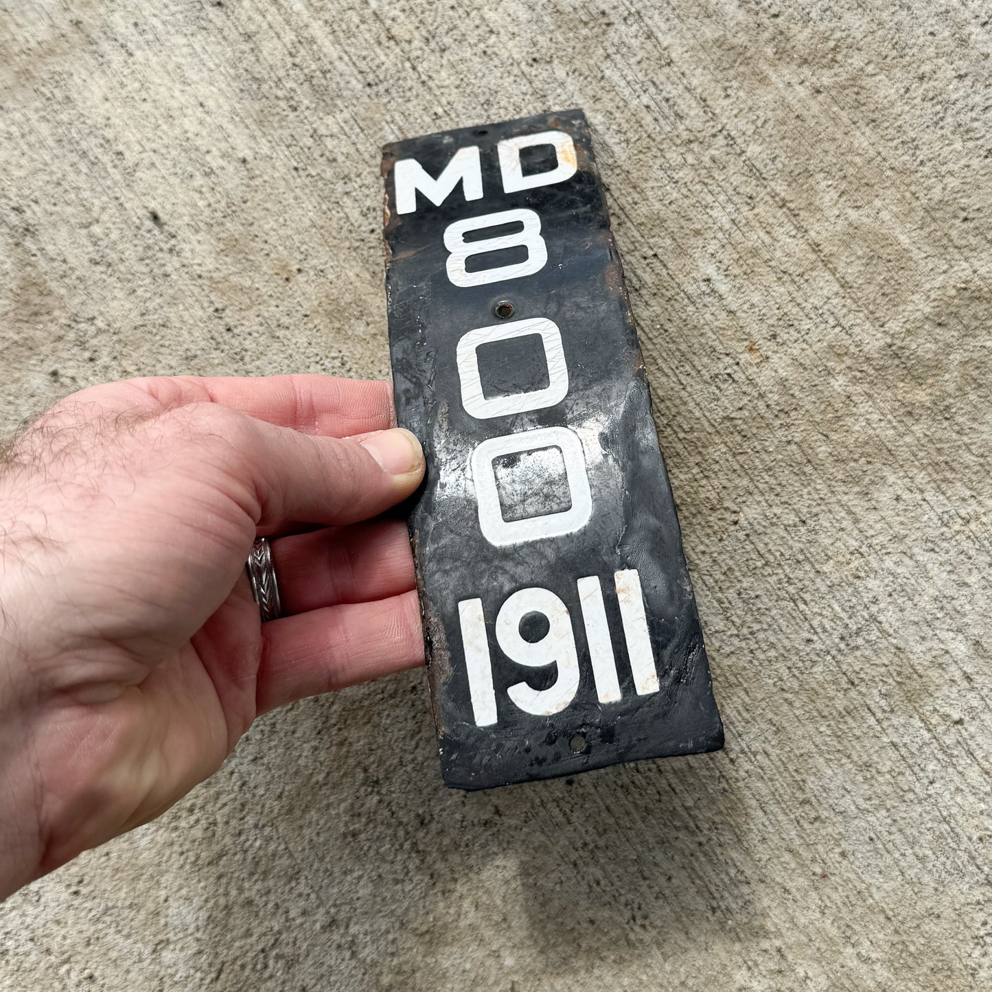 1911 Maryland Porcelain Motorcycle License Plate Auto Tag Low Number Three Digit Curved 800