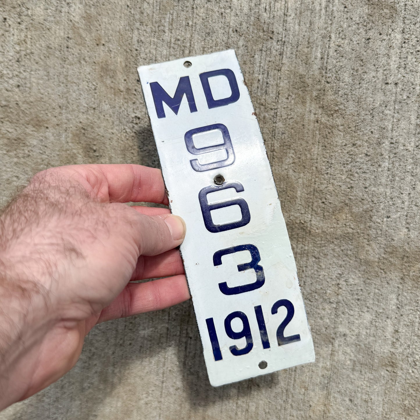 1912 Maryland Porcelain Motorcycle License Plate Auto Tag Low Number Three Digit Curved 963
