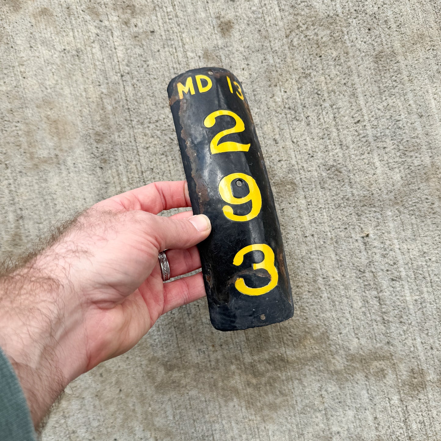 1913 Maryland Porcelain Motorcycle License Plate Auto Tag Low Number Three Digit Curved 293