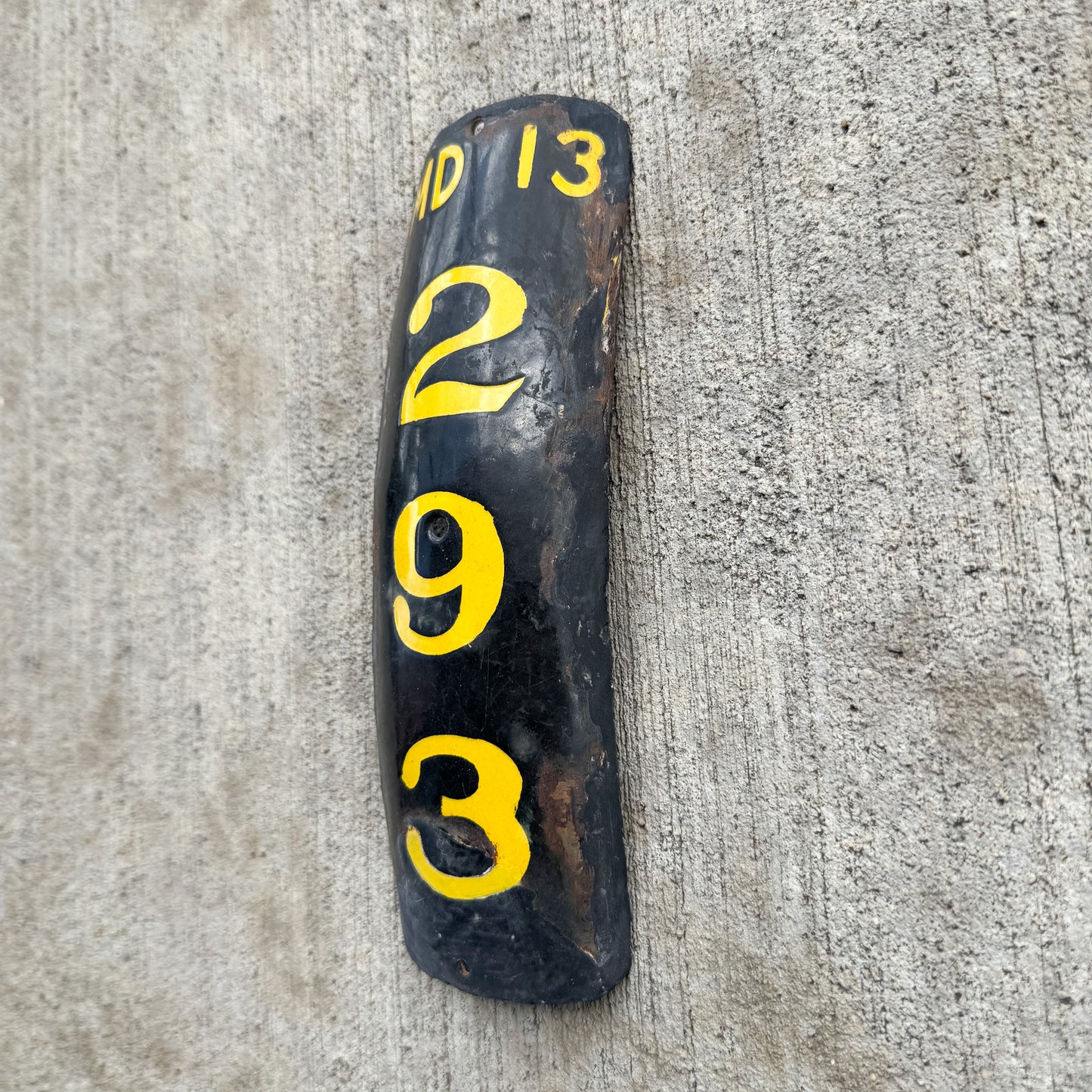 1913 Maryland Porcelain Motorcycle License Plate Auto Tag Low Number Three Digit Curved 293