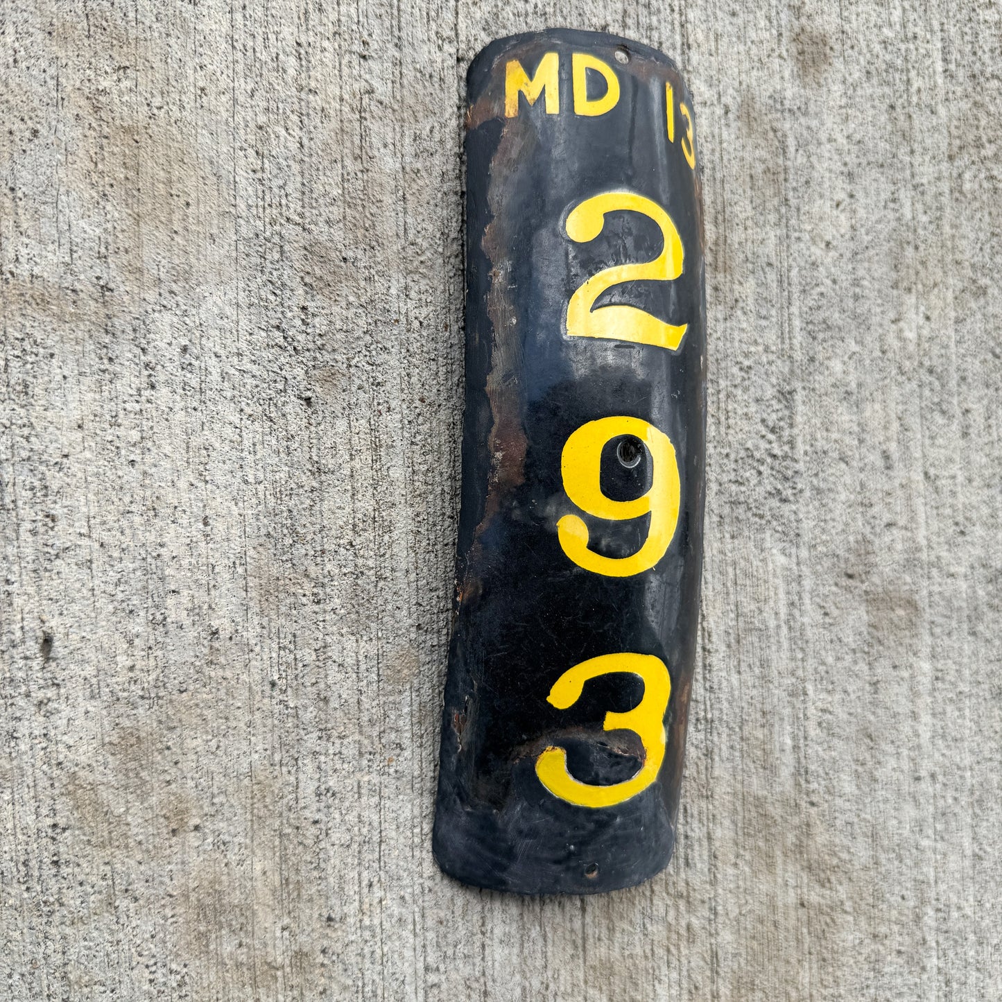 1913 Maryland Porcelain Motorcycle License Plate Auto Tag Low Number Three Digit Curved 293