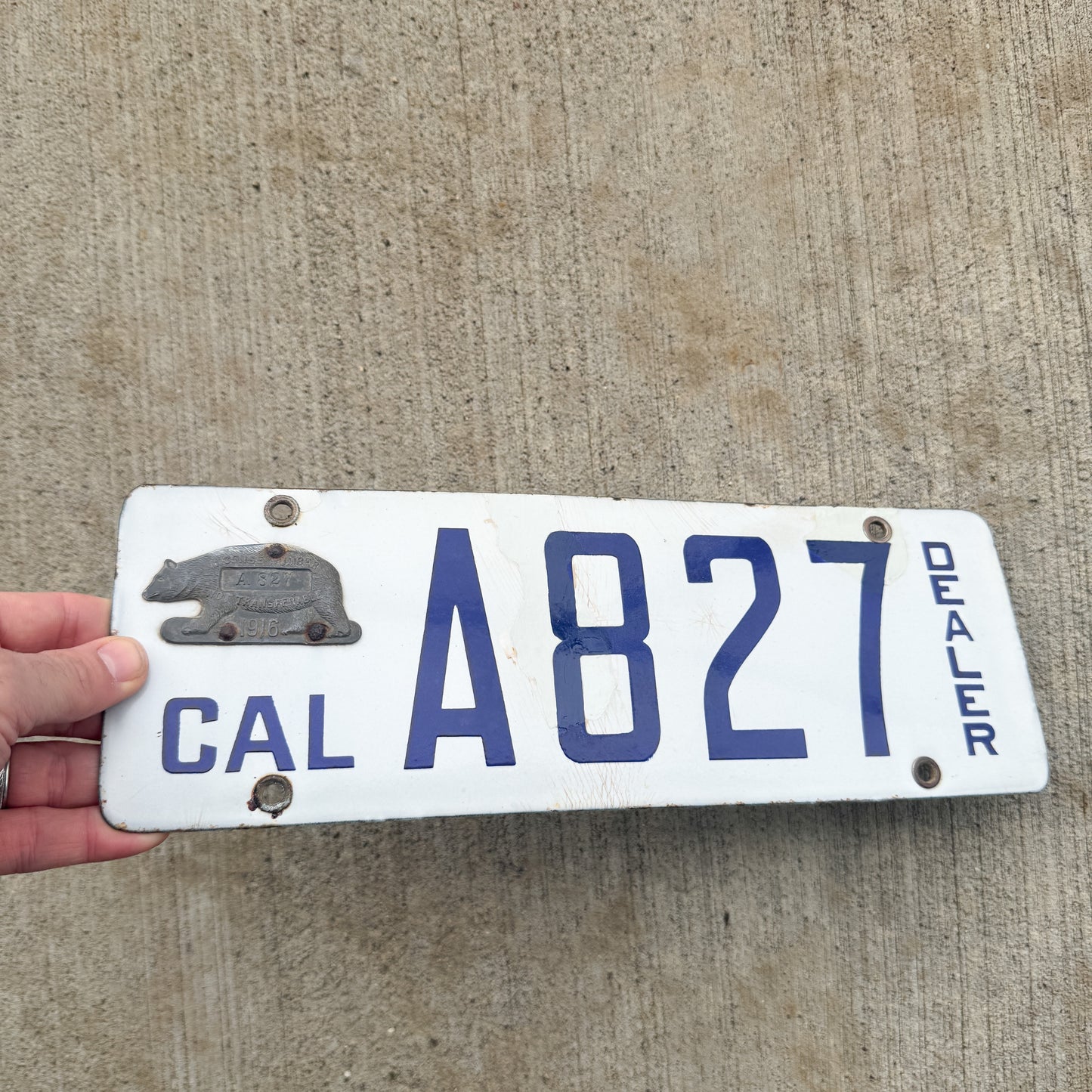 1916 California Porcelain Dealer License Plate Auto Tag  A 827