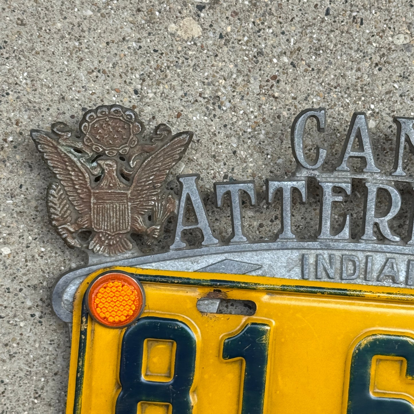 1940 Era Camp Atterbury Indiana License Plate Topper Auto Tag with 1942 Indiana License Plate and Jewel Reflectors 81 636