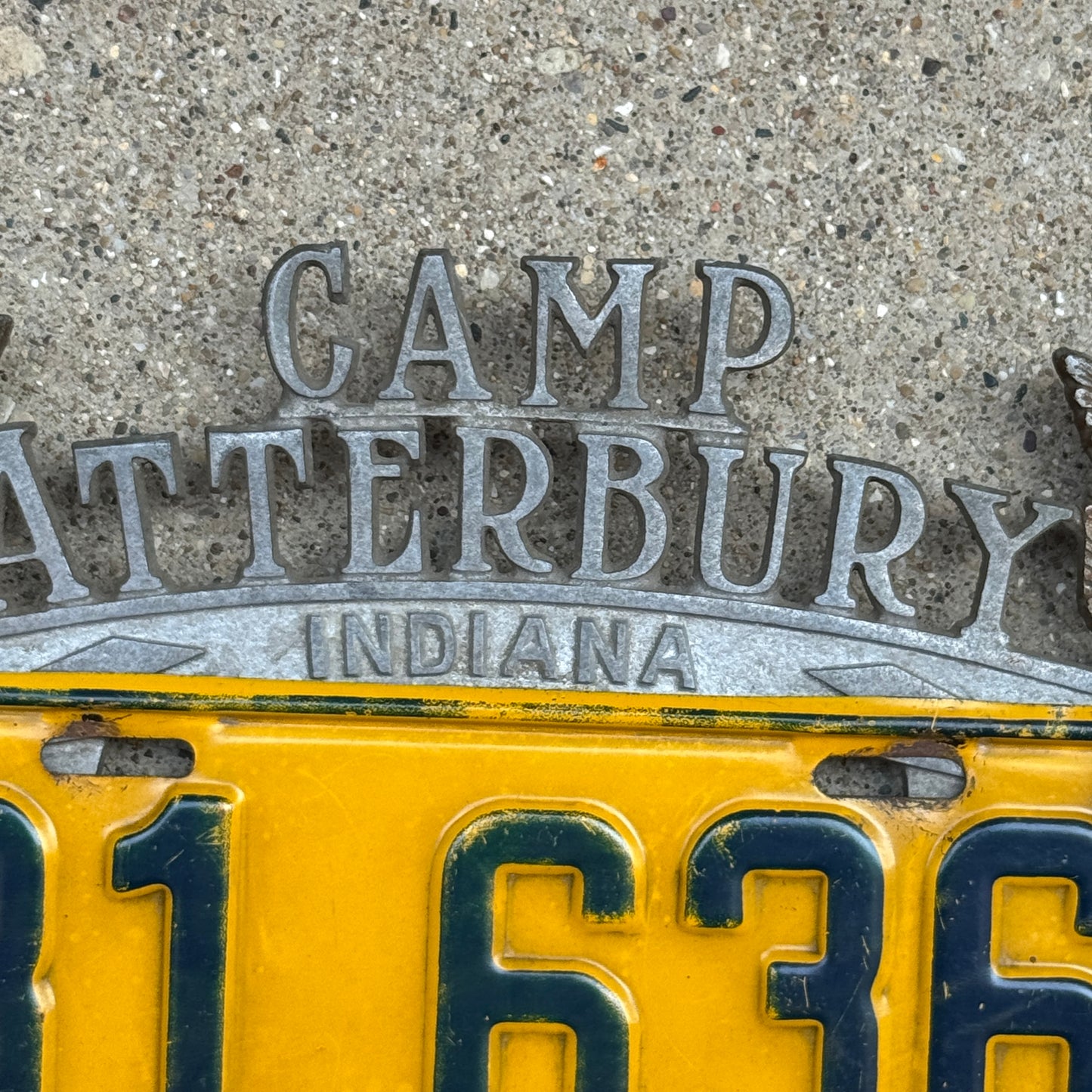 1940 Era Camp Atterbury Indiana License Plate Topper Auto Tag with 1942 Indiana License Plate and Jewel Reflectors 81 636