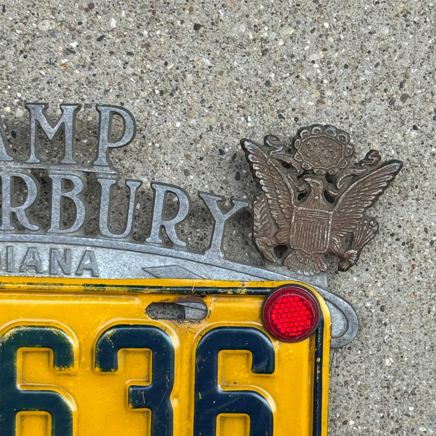 1940 Era Camp Atterbury Indiana License Plate Topper Auto Tag with 1942 Indiana License Plate and Jewel Reflectors 81 636