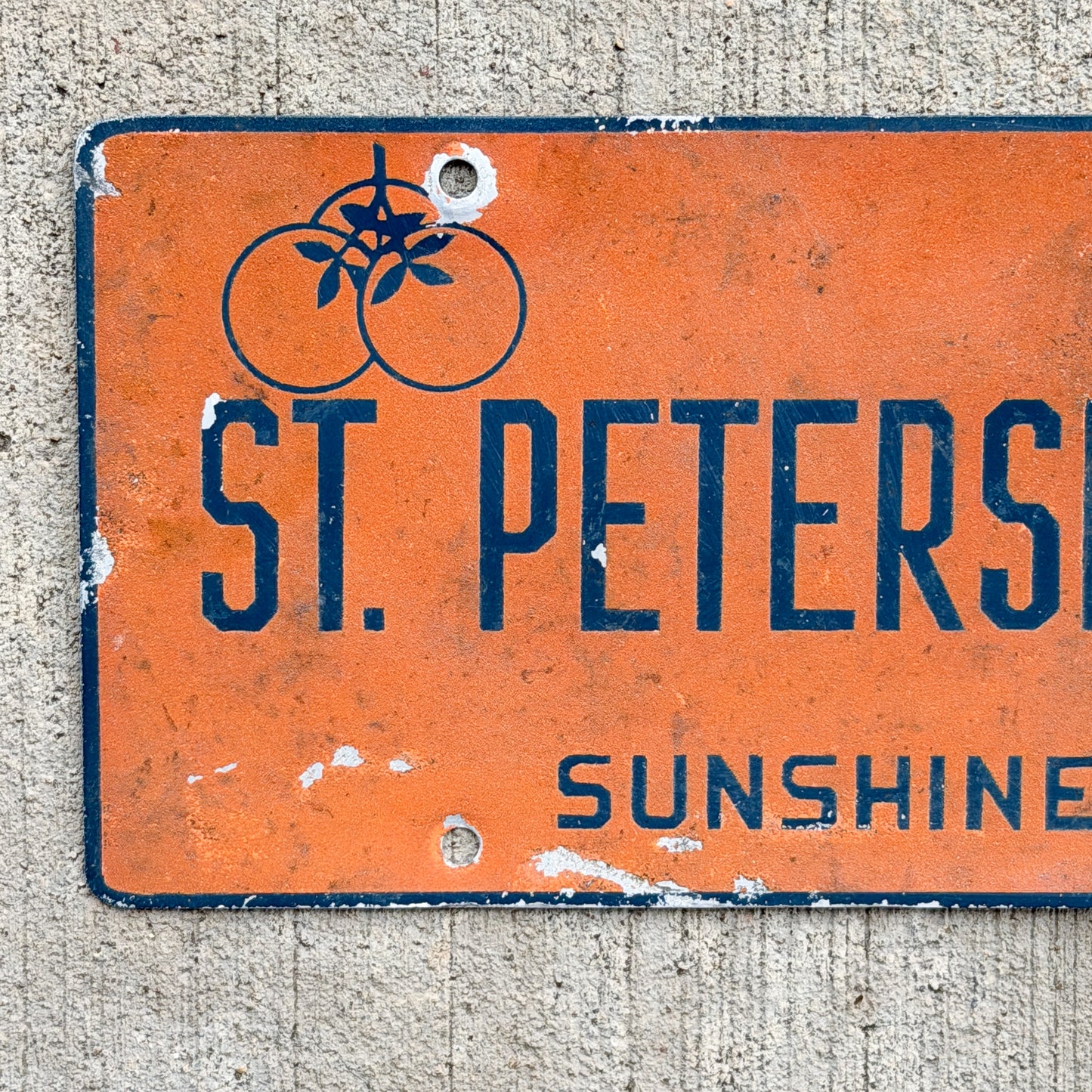 1950 Era St Petersburg Florida Booster License Plate Vintage Auto Tag Garage Tampa Bay FL Oranges Smaltz Paint
