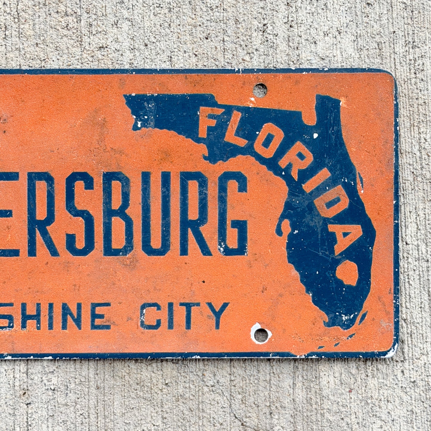 1950 Era St Petersburg Florida Booster License Plate Vintage Auto Tag Garage Tampa Bay FL Oranges Smaltz Paint
