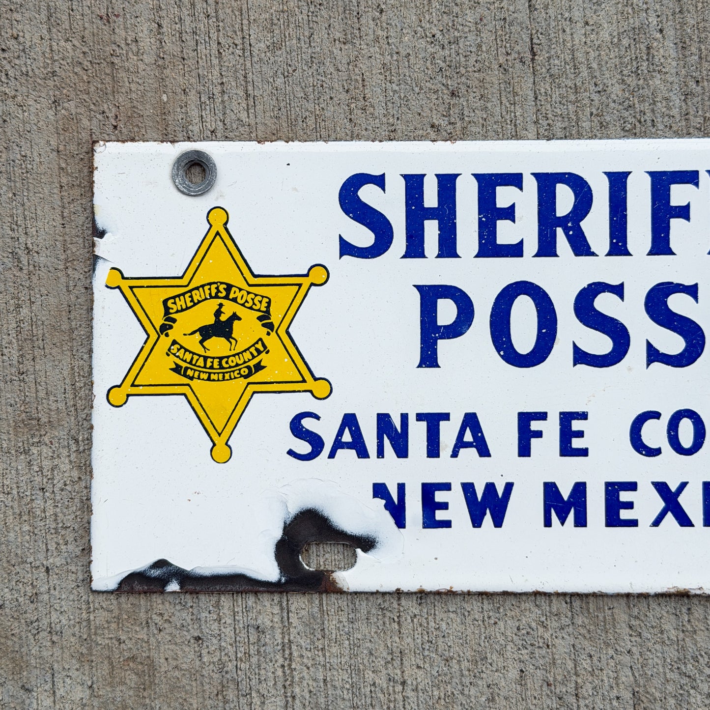 Sheriff's Posse New Mexico Porcelain Booster License Plate Auto Tag Santa Fe County
