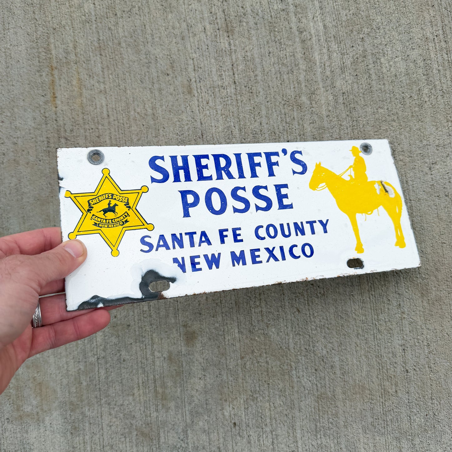 Sheriff's Posse New Mexico Porcelain Booster License Plate Auto Tag Santa Fe County