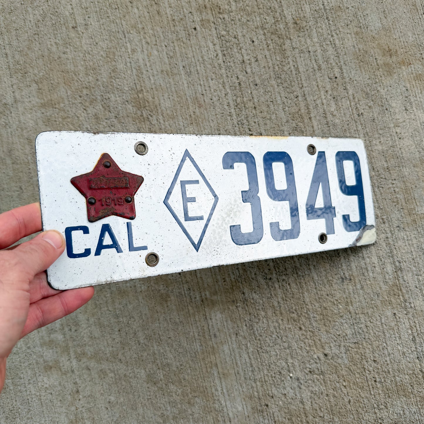 1916 1919 California Porcelain Exempt License Plate Auto Tag 3949