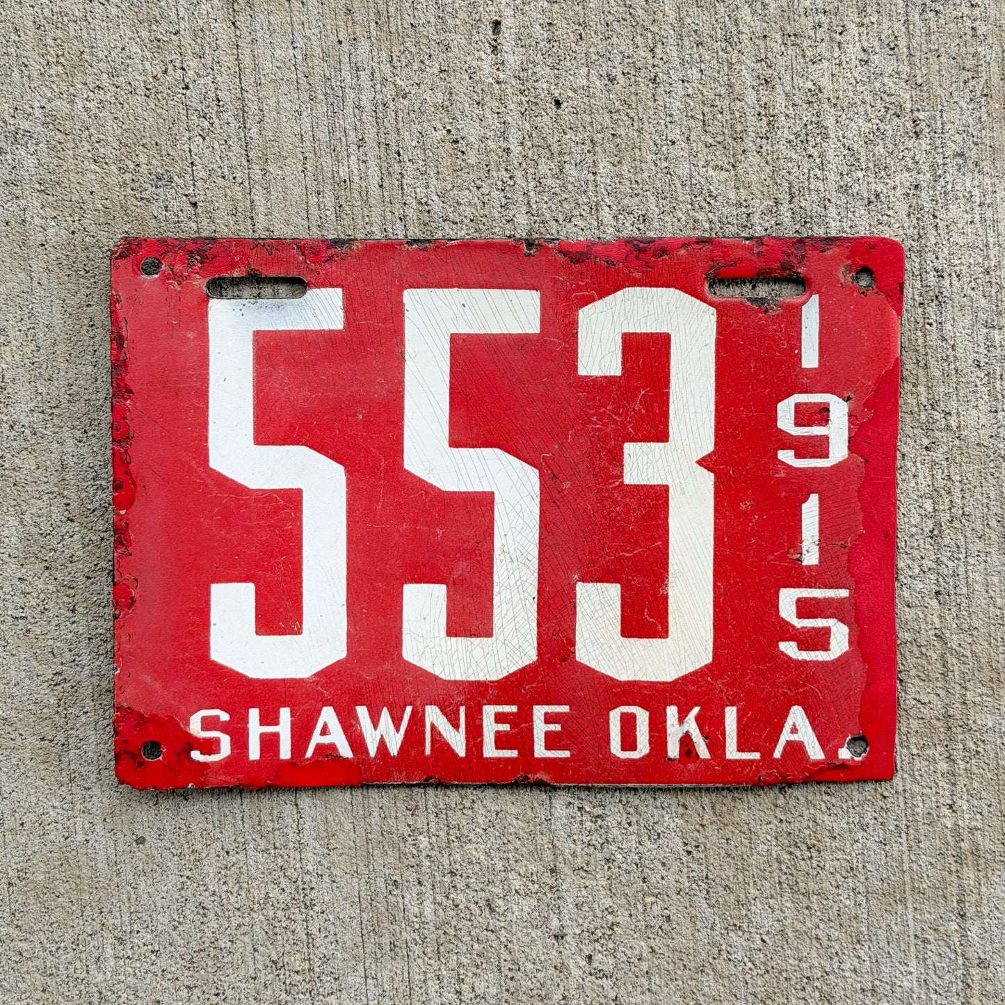 1914 Shawnee Oklahoma Porcelain License Plate Auto Tag 553