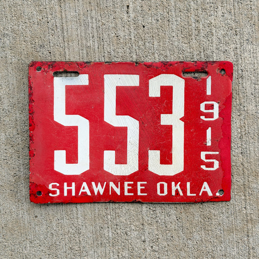 1914 Shawnee Oklahoma Porcelain License Plate Auto Tag 553