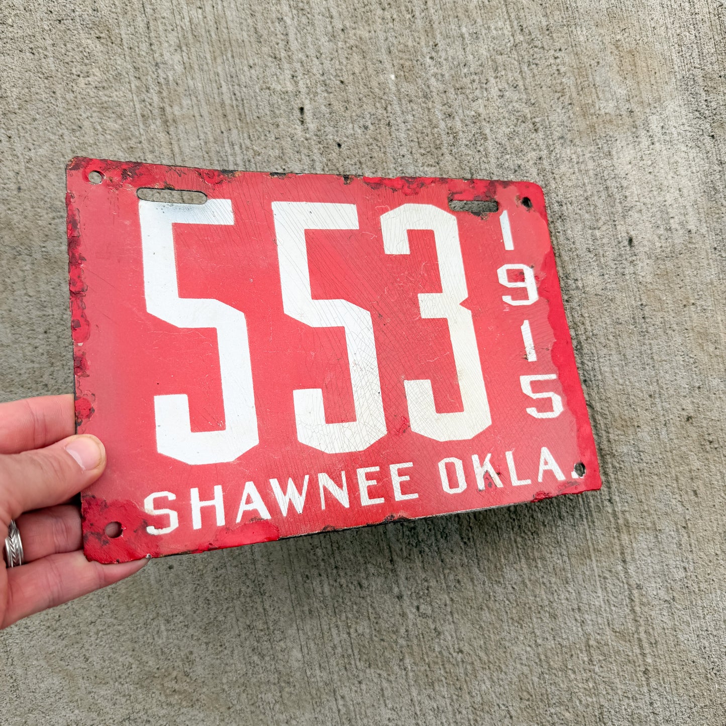1914 Shawnee Oklahoma Porcelain License Plate Auto Tag 553