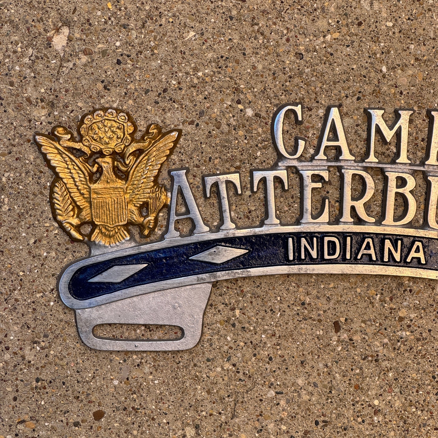 1940 Era Camp Atterbury Indiana License Plate Topper Auto Tag Military National Guard Cast Aluminum