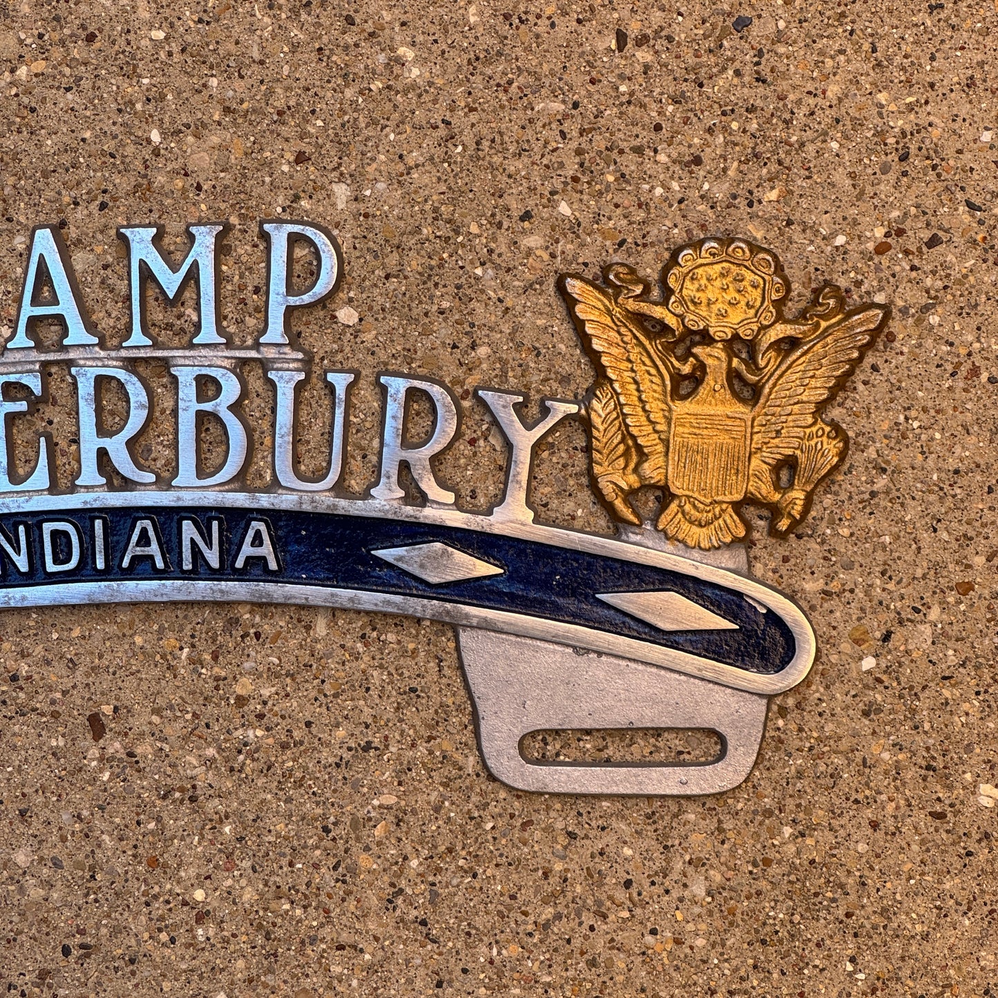 1940 Era Camp Atterbury Indiana License Plate Topper Auto Tag Military National Guard Cast Aluminum