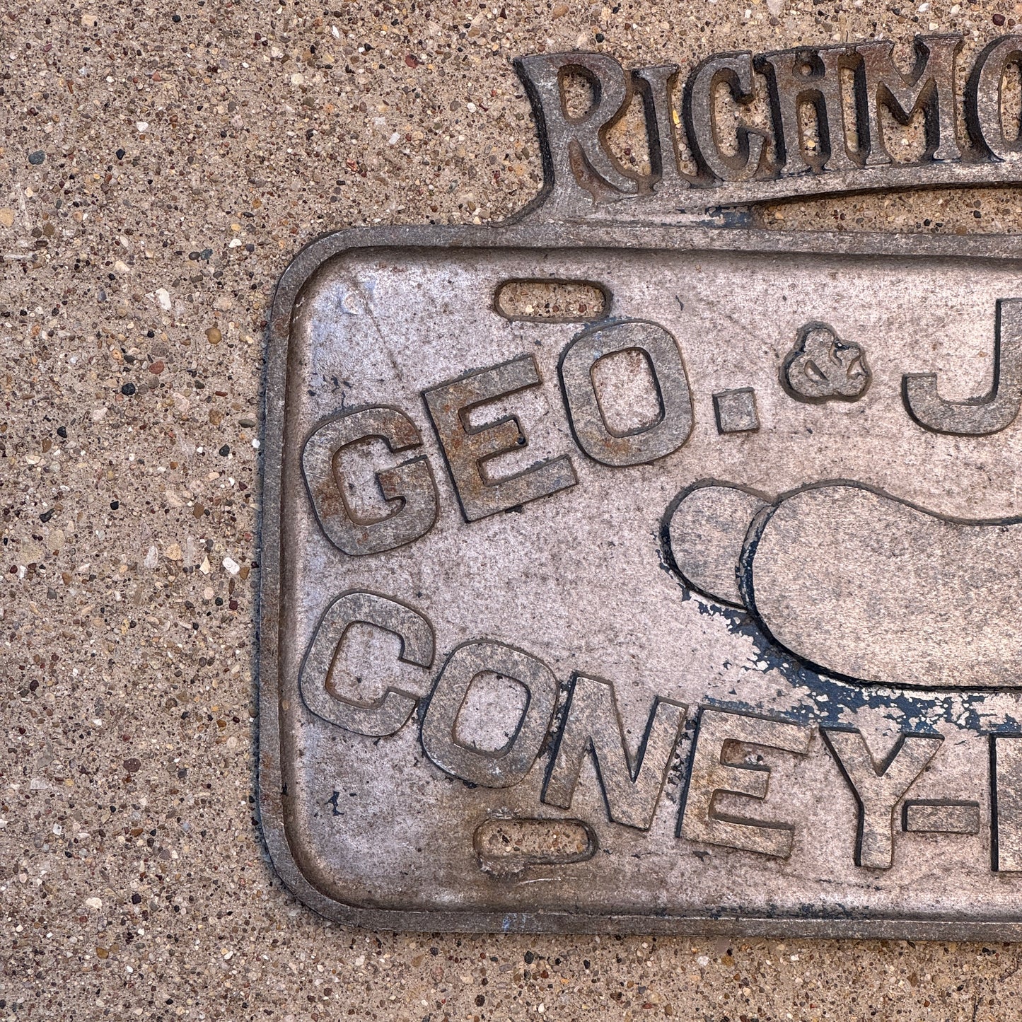 1950 Era Geo and John's Coney Island Richmond Indiana Booster License Plate Auto Tag Hot Dog Chain Cast Aluminum