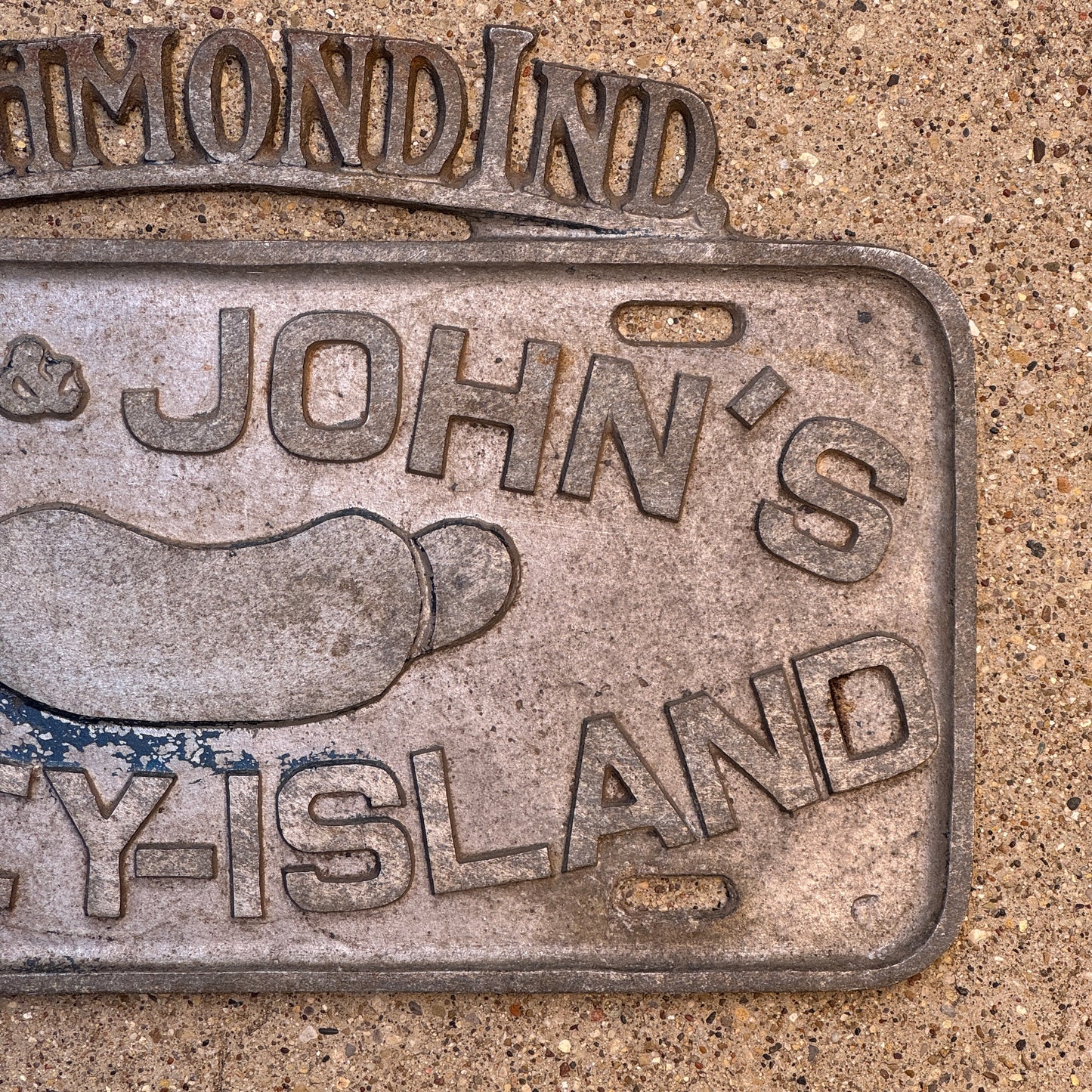 1950 Era Geo and John's Coney Island Richmond Indiana Booster License Plate Auto Tag Hot Dog Chain Cast Aluminum