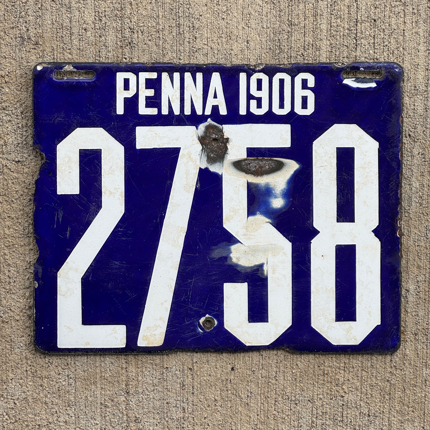 Photo of a 1906 Pennsylvania Porcelain License Plate Number 2758