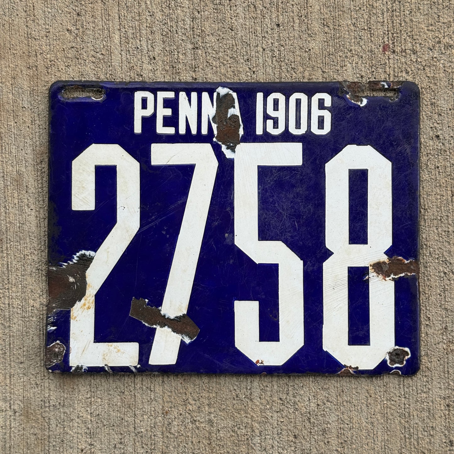 Photo of a 1906 Pennsylvania Porcelain License Plate Number 2758
