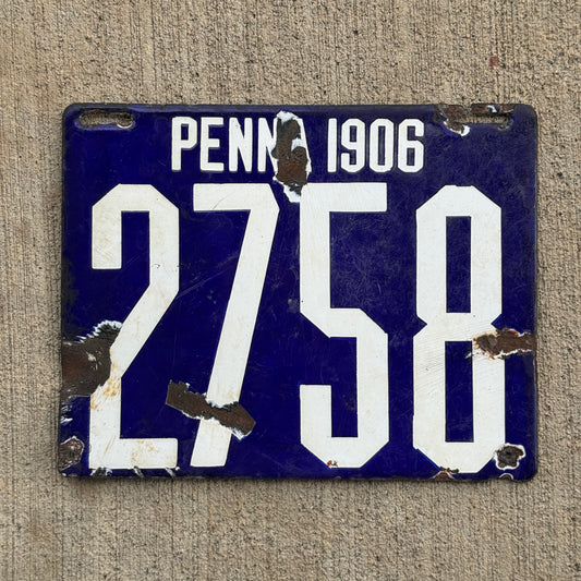 Photo of a 1906 Pennsylvania Porcelain License Plate Number 2758