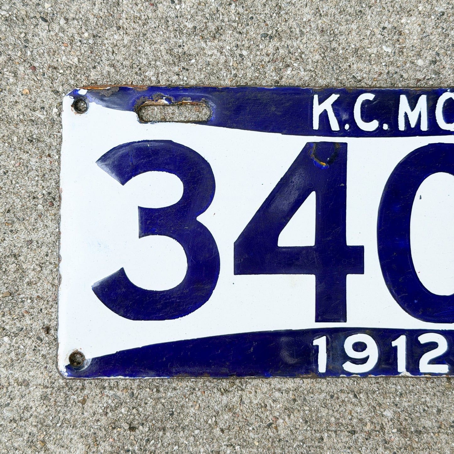 1912 Kansas City Missouri Porcelain License Plate Auto Tag 3405