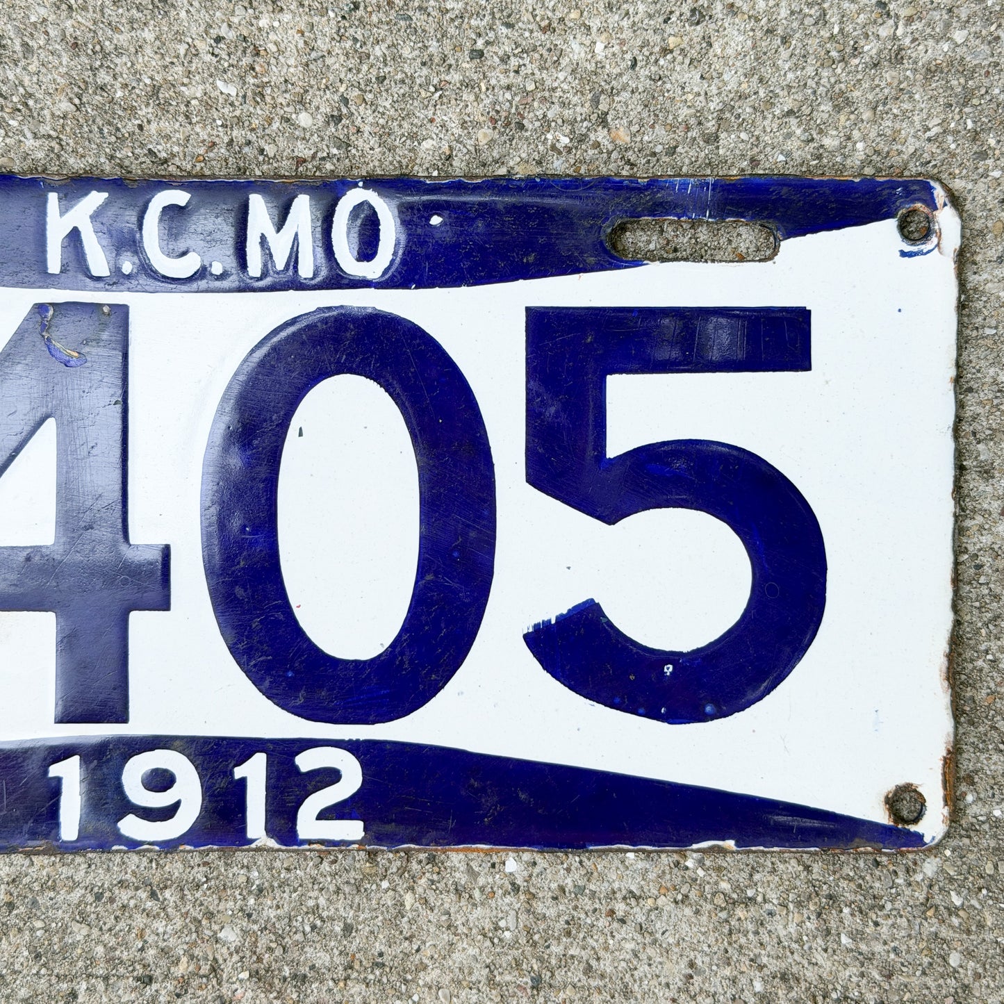 1912 Kansas City Missouri Porcelain License Plate Auto Tag 3405