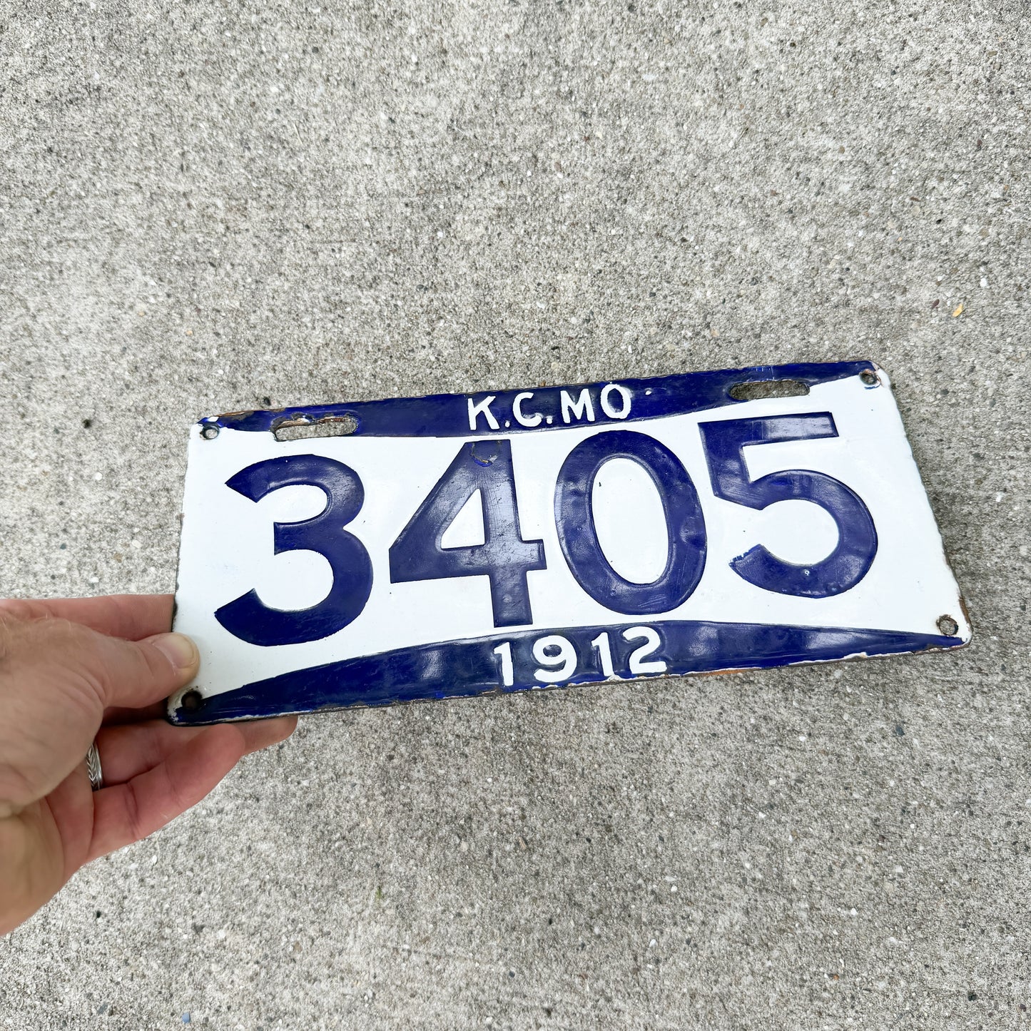 1912 Kansas City Missouri Porcelain License Plate Auto Tag 3405