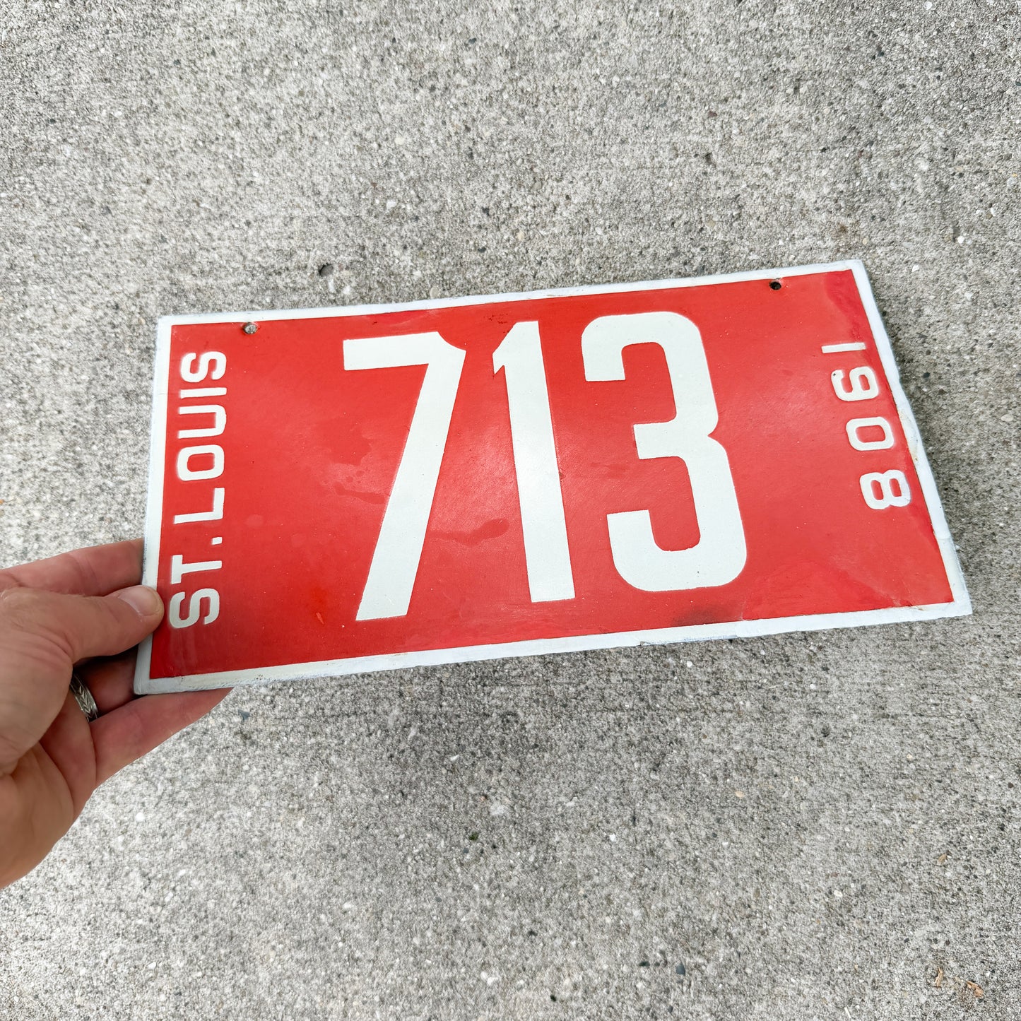 1908 St. Louis Missouri Porcelain License Plate Auto Tag 713