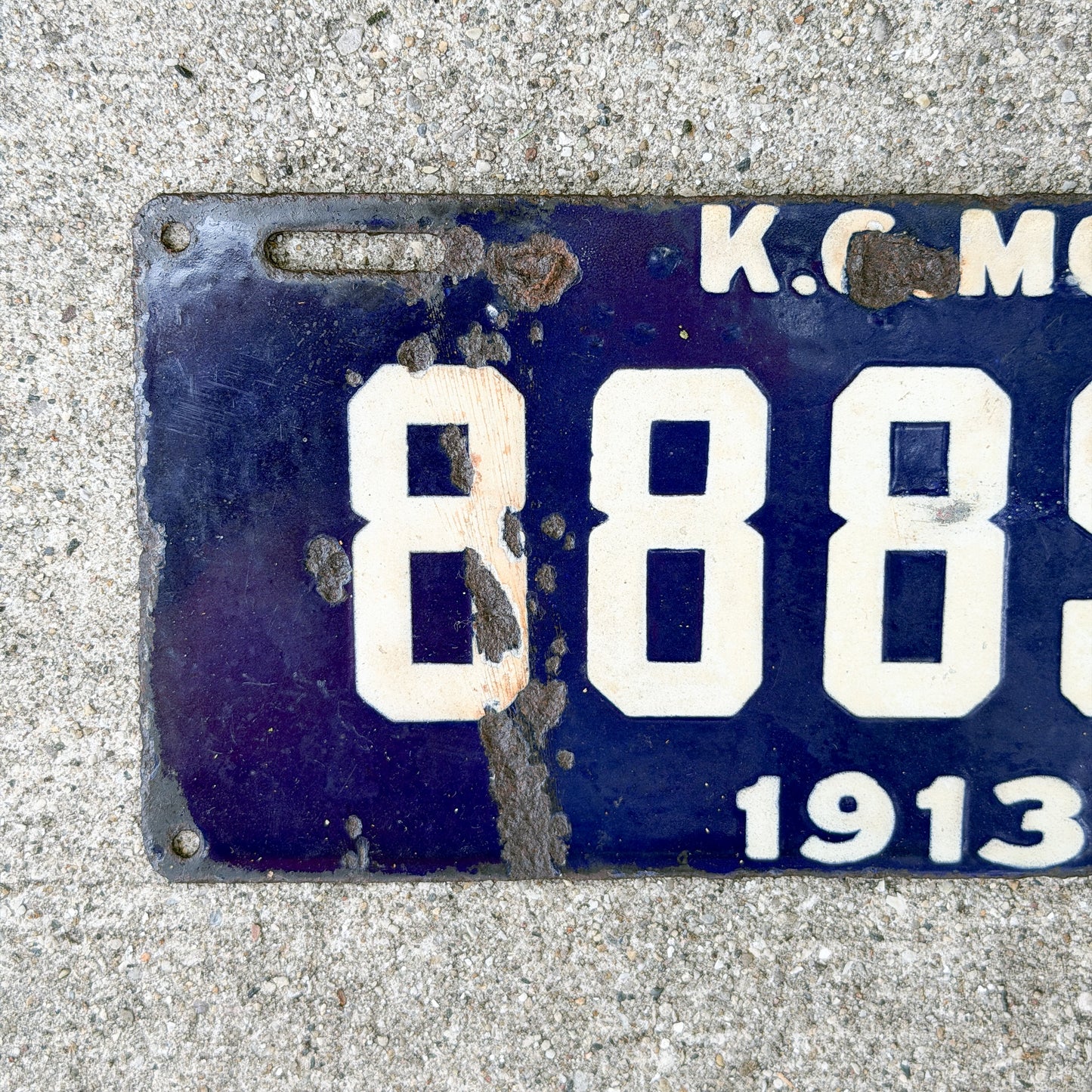 1913 Kansas City Missouri Porcelain License Plate Auto Tag Type 2 88898