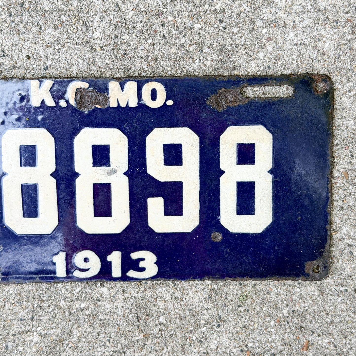 1913 Kansas City Missouri Porcelain License Plate Auto Tag Type 2 88898