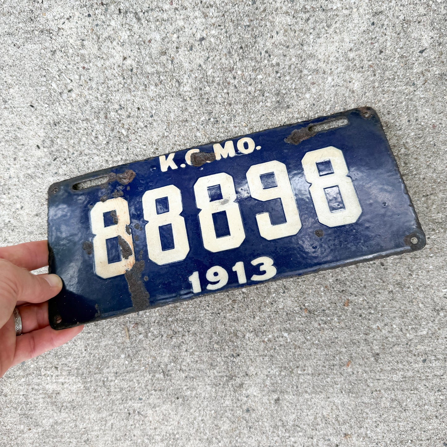 1913 Kansas City Missouri Porcelain License Plate Auto Tag Type 2 88898
