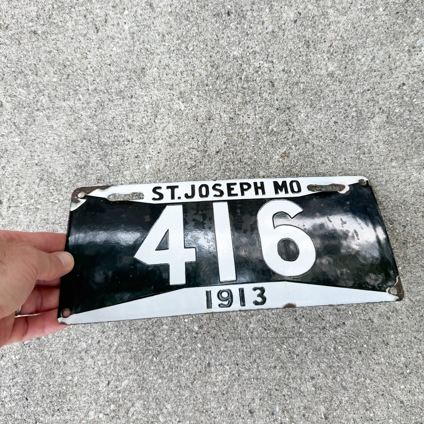 1913 St. Joseph Missouri Porcelain License Plate Auto Tag 416