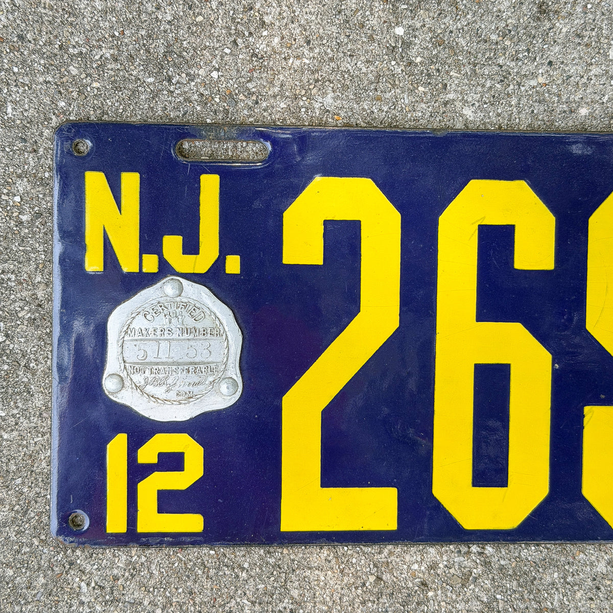1912 New Jersey Porcelain License Plate Auto Tag High Quality 26962