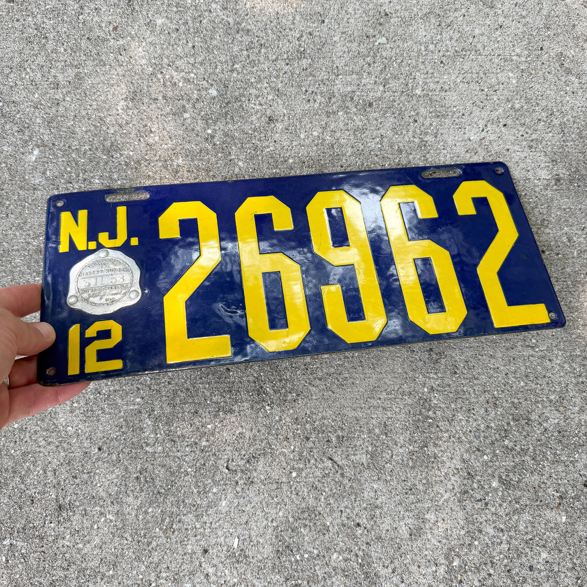 1912 New Jersey Porcelain License Plate Auto Tag High Quality 26962