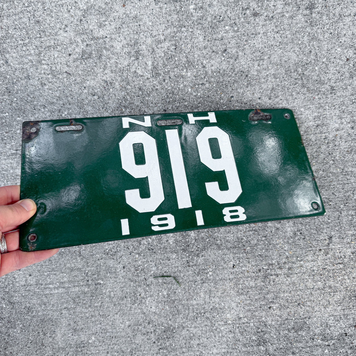 1918 New Hampshire Porcelain License Plate Auto Tag Low Number Three Digit 919