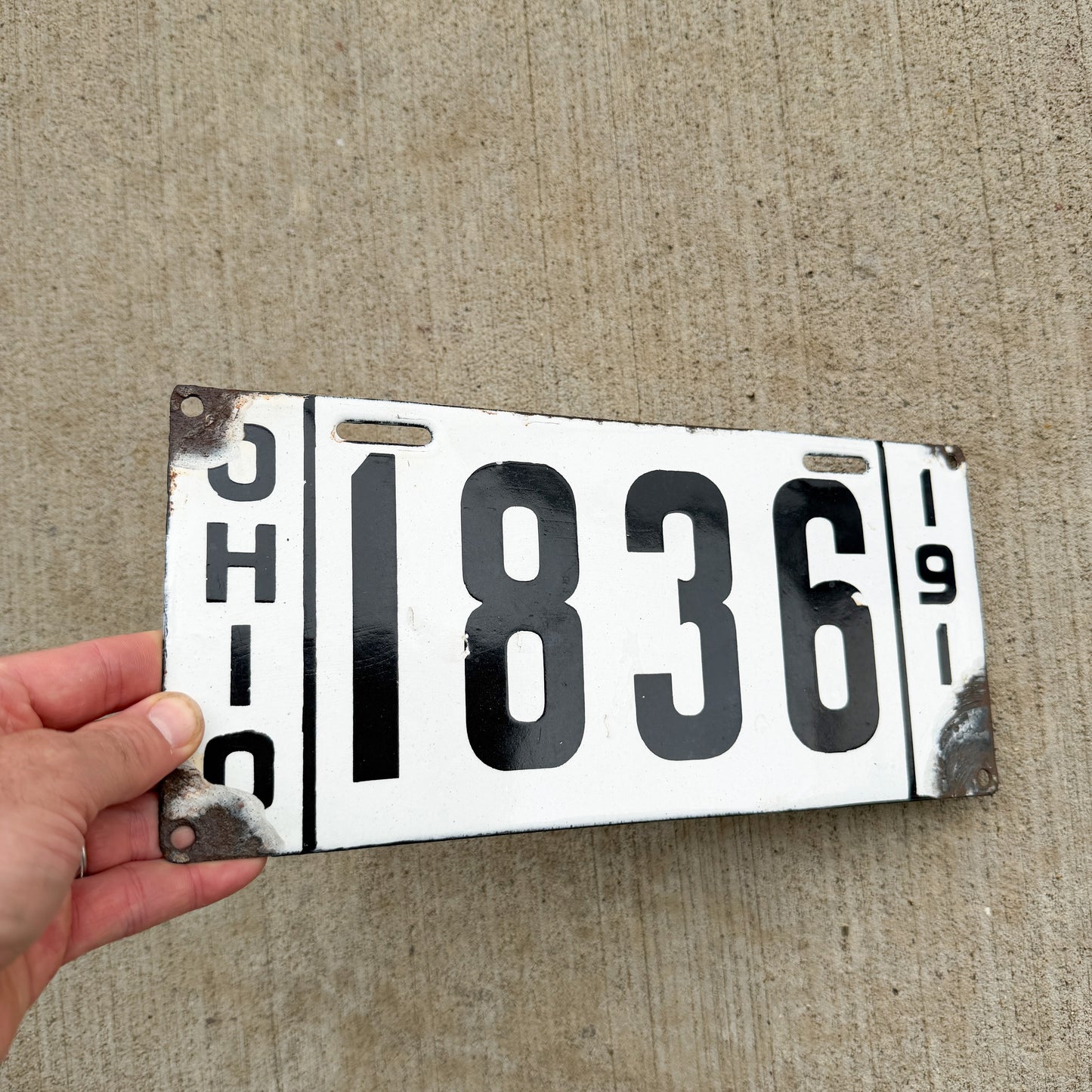 1911 Ohio Porcelain License Plate Auto Tag Low Number Four Digit 1836