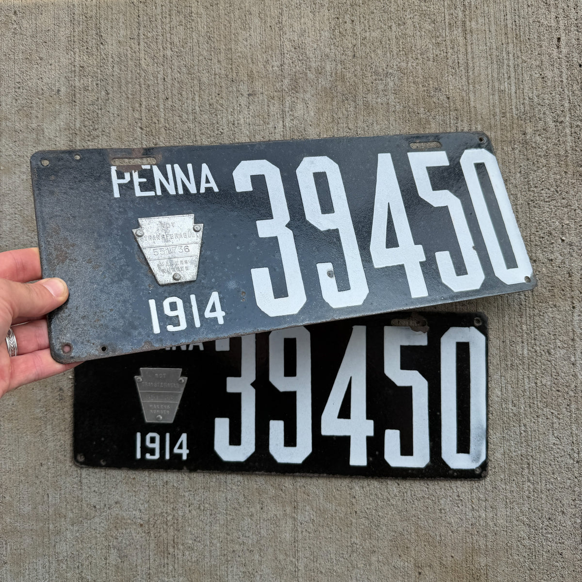 1914 Pennsylvania Porcelain Truck License Plate Pair Auto Tag First Issue Type 39450