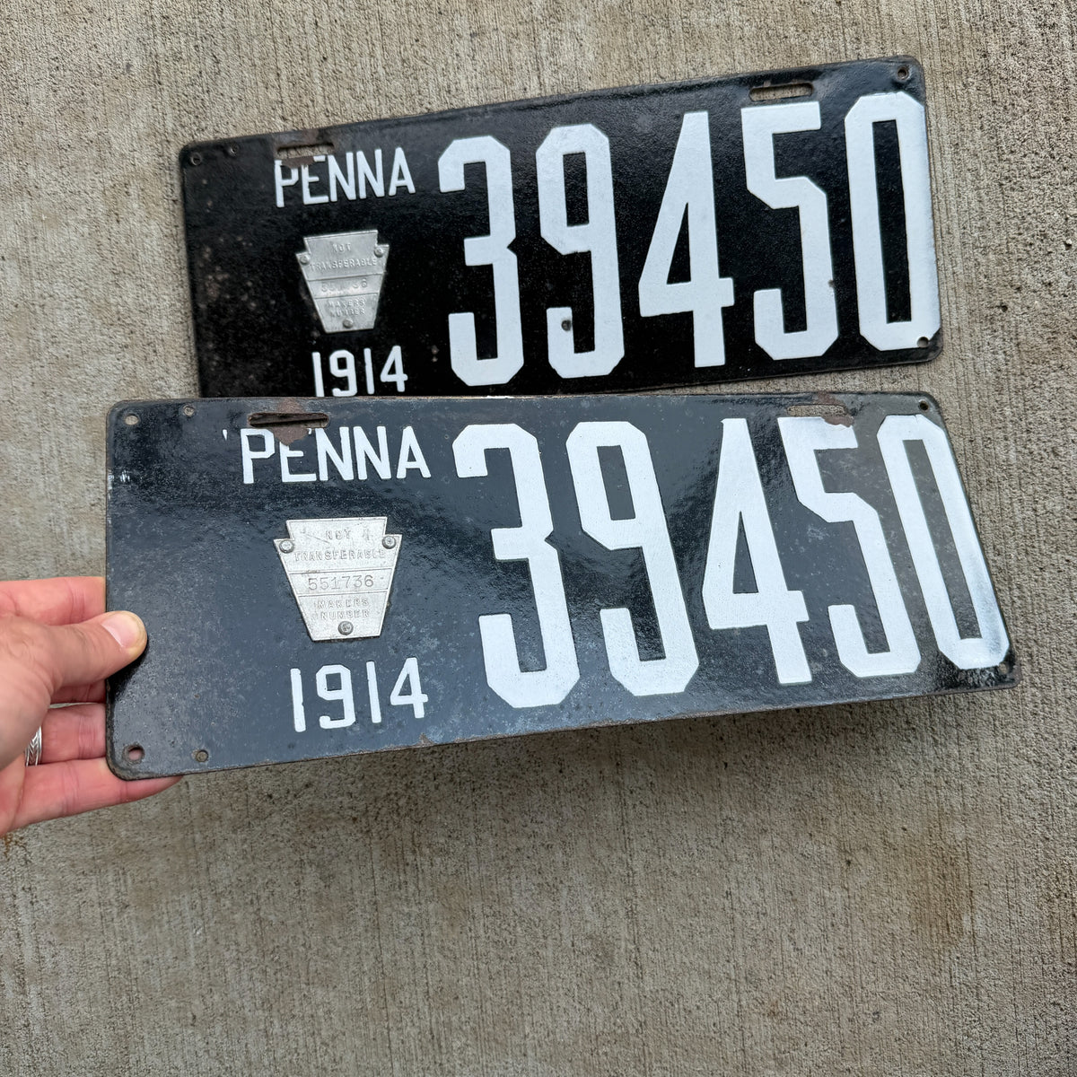 1914 Pennsylvania Porcelain Truck License Plate Pair Auto Tag First Issue Type 39450
