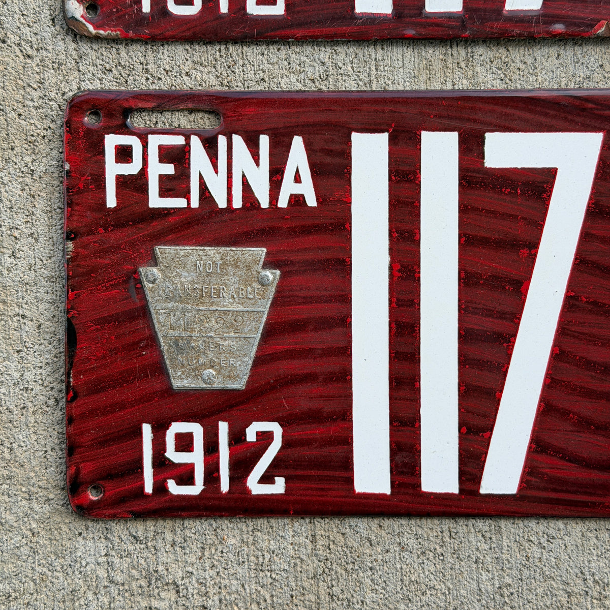 1912 Pennsylvania Porcelain License Plate Pair Auto Tag Wood Grain 11706