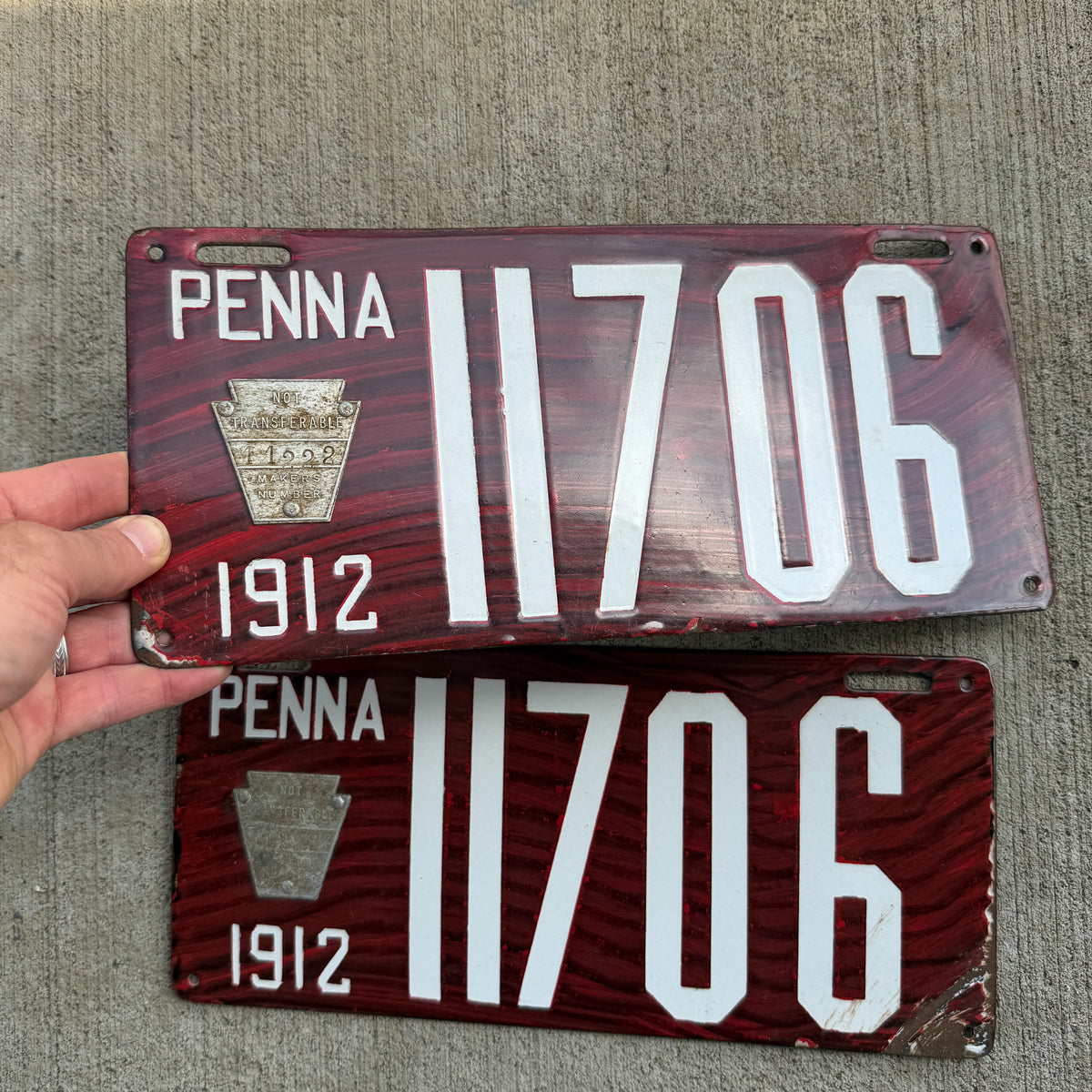 1912 Pennsylvania Porcelain License Plate Pair Auto Tag Wood Grain 11706