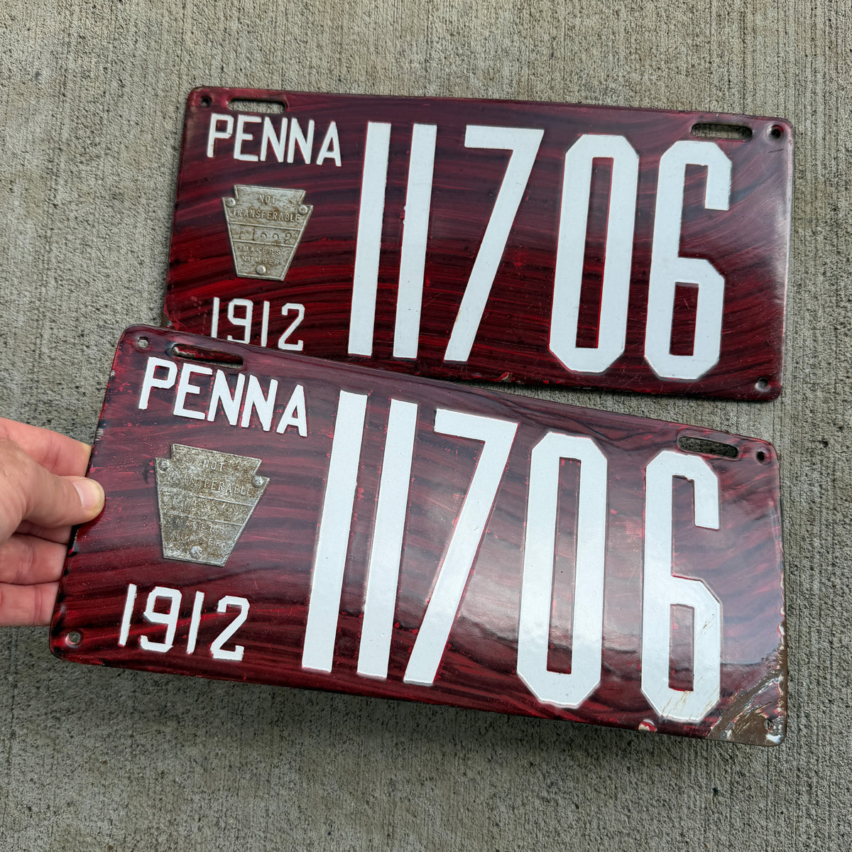 1912 Pennsylvania Porcelain License Plate Pair Auto Tag Wood Grain 11706
