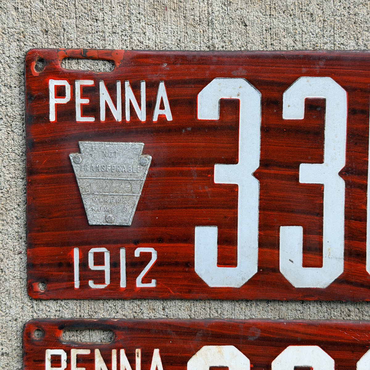 1912 Pennsylvania Porcelain License Plate Pair Auto Tag Wood Grain 33033