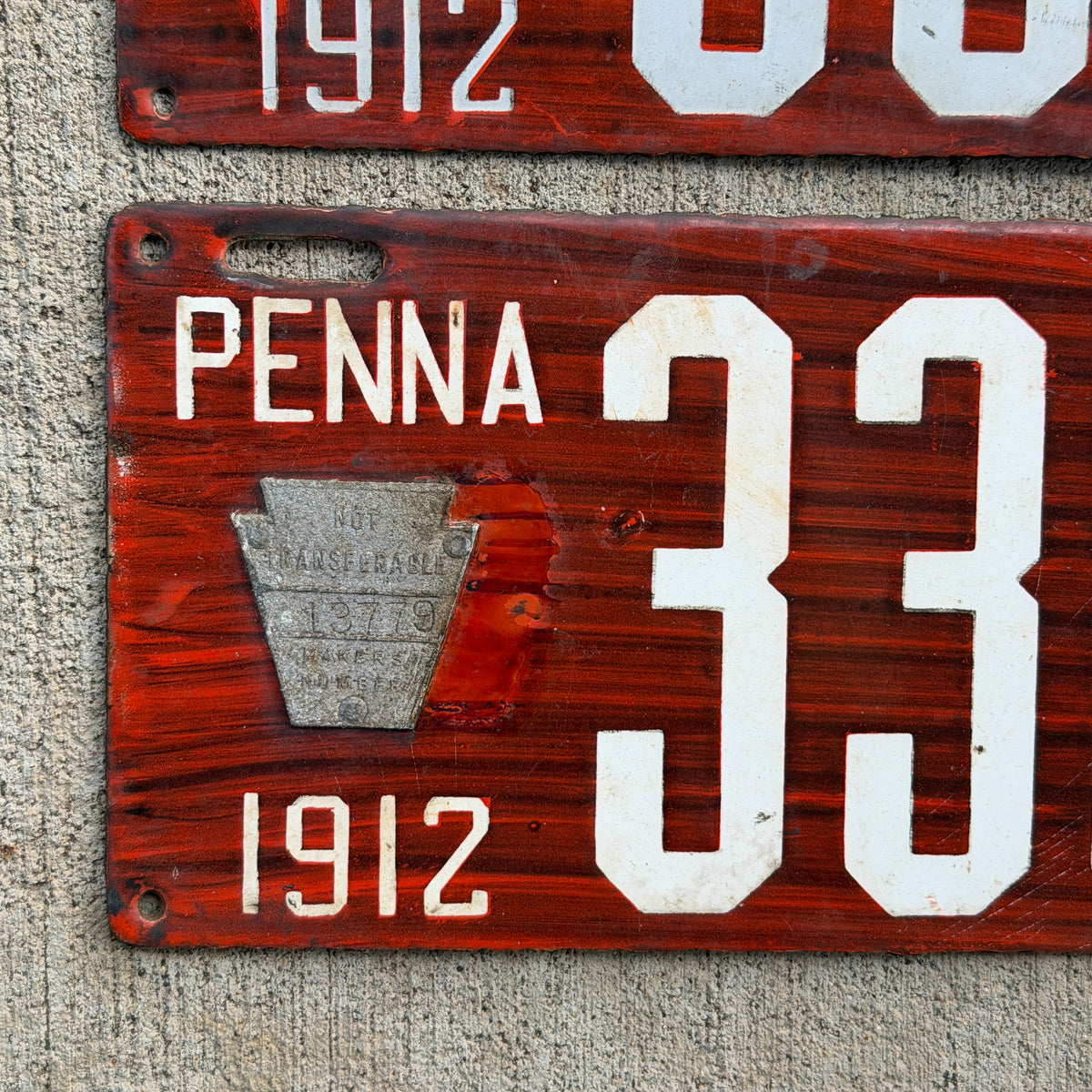 1912 Pennsylvania Porcelain License Plate Pair Auto Tag Wood Grain 33033