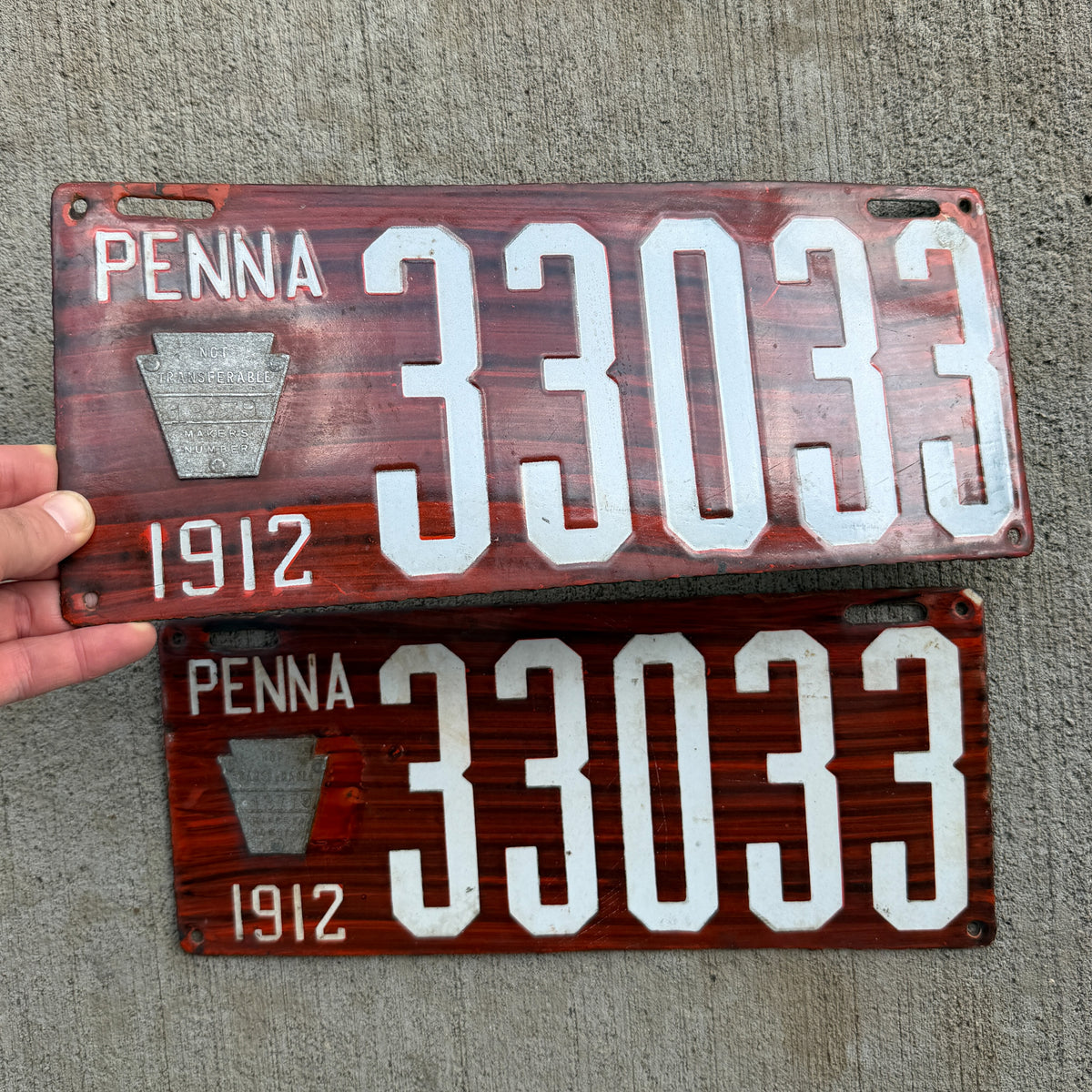 1912 Pennsylvania Porcelain License Plate Pair Auto Tag Wood Grain 33033