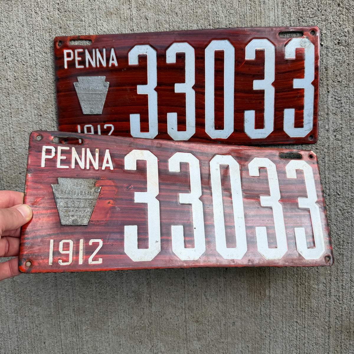 1912 Pennsylvania Porcelain License Plate Pair Auto Tag Wood Grain 33033