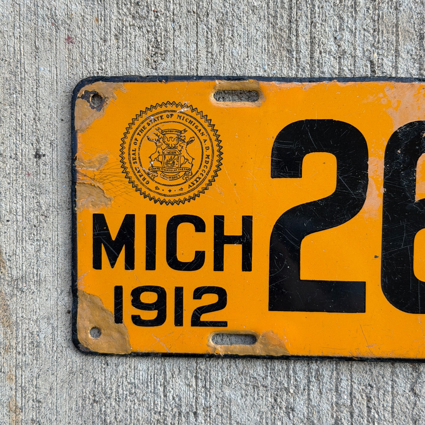 1912 Michigan Porcelain License Plate Auto Tag 26585