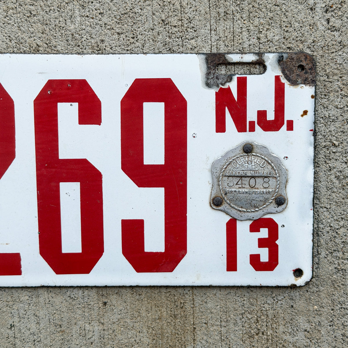 1913 New Jersey Porcelain License Plate Auto Tag Low Number Four Digit 5269