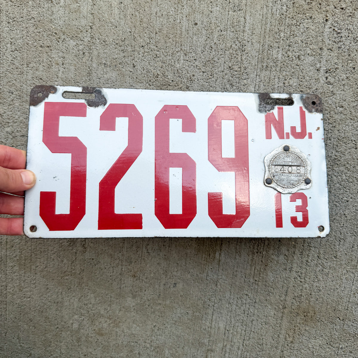 1913 New Jersey Porcelain License Plate Auto Tag Low Number Four Digit 5269