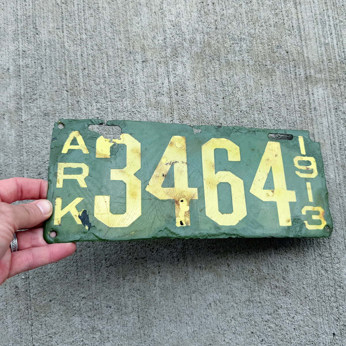 1913 Arkansas Porcelain License Plate Auto Tag Low Number Four Digit 3464